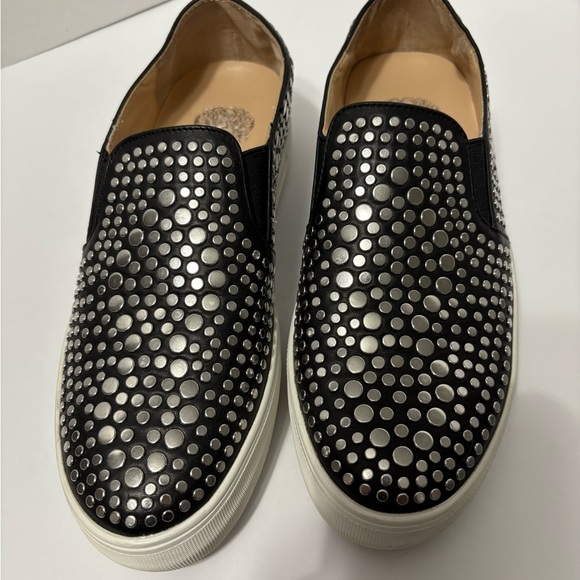 Vince Camuto Black Leather Silver Studded Slip-On Sneakers, Shoes w Rubber Sole - Picture 1 of 12